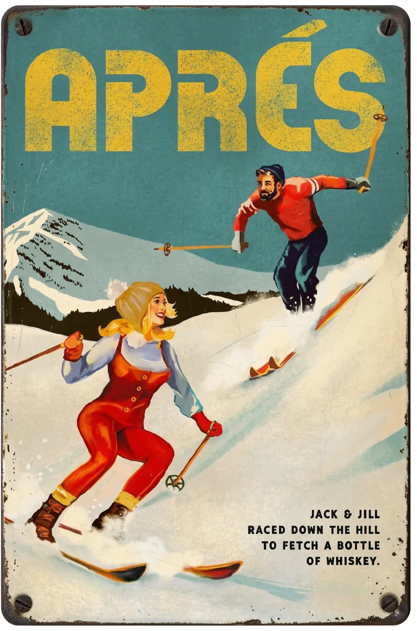 Plaque en acier émaillé Après avec deux skieurs vintage